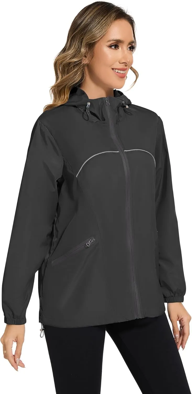 Avoogue Waterproof Jacket with Hood Packable Raincoats for Women Reflective Jacket Windbreaker