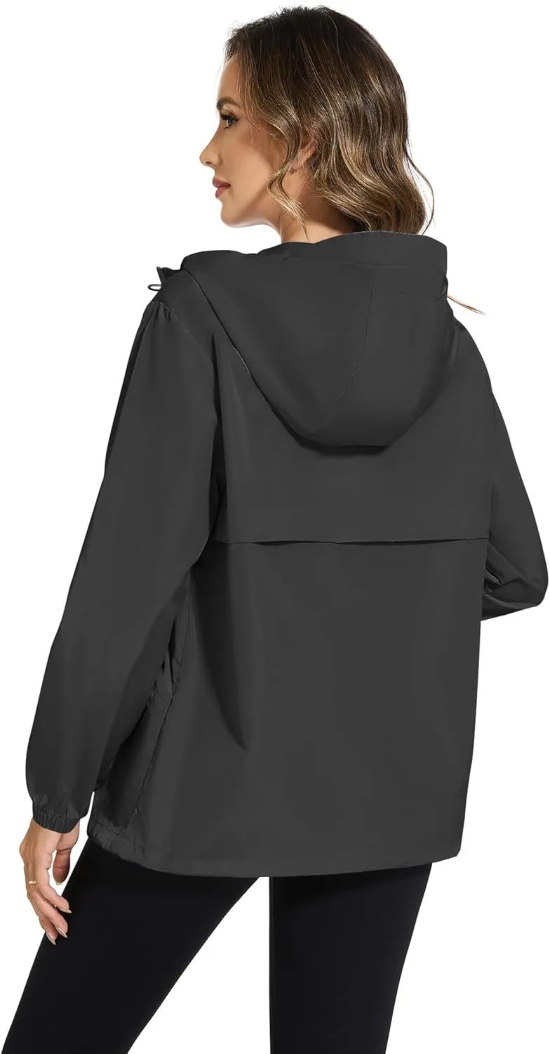 Avoogue Waterproof Jacket with Hood Packable Raincoats for Women Reflective Jacket Windbreaker