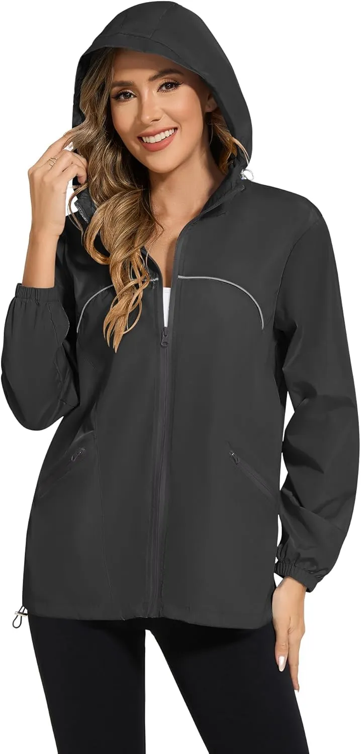 Avoogue Waterproof Jacket with Hood Packable Raincoats for Women Reflective Jacket Windbreaker