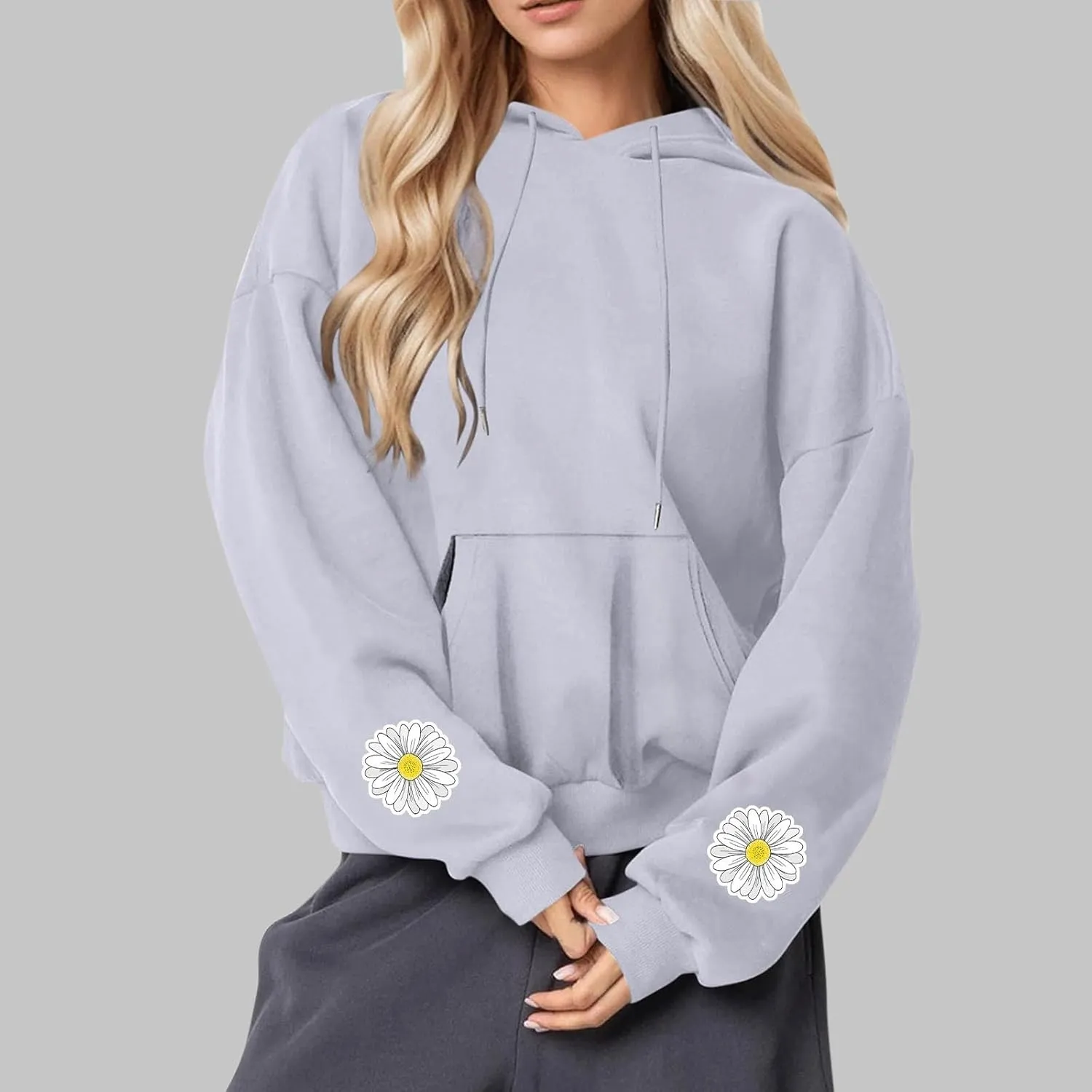 Floral Daisy Print Hoodie Women Oversized Casual Pullover Pocket Long Sleeve Sweatshirt Lounge Outfits