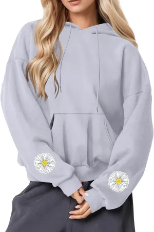 Floral Daisy Print Hoodie Women Oversized Casual Pullover Pocket Long Sleeve Sweatshirt Lounge Outfits